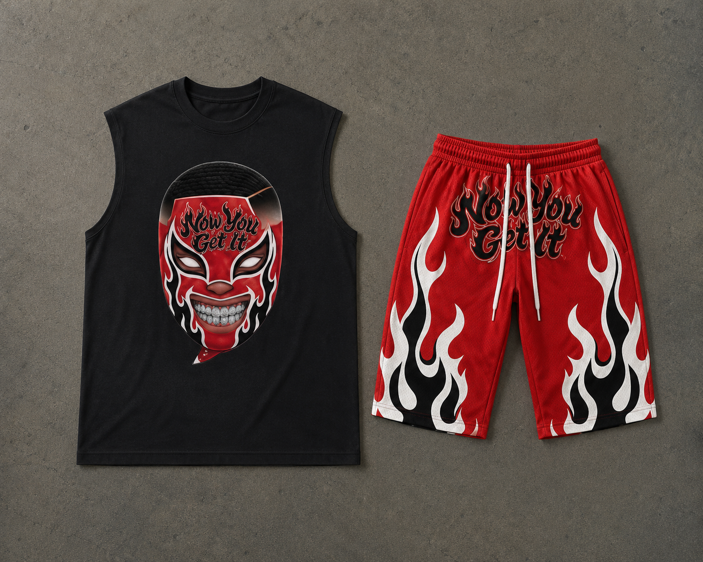 Now You Get It Red and Black Sleeveless “Flamer” Shorts Set