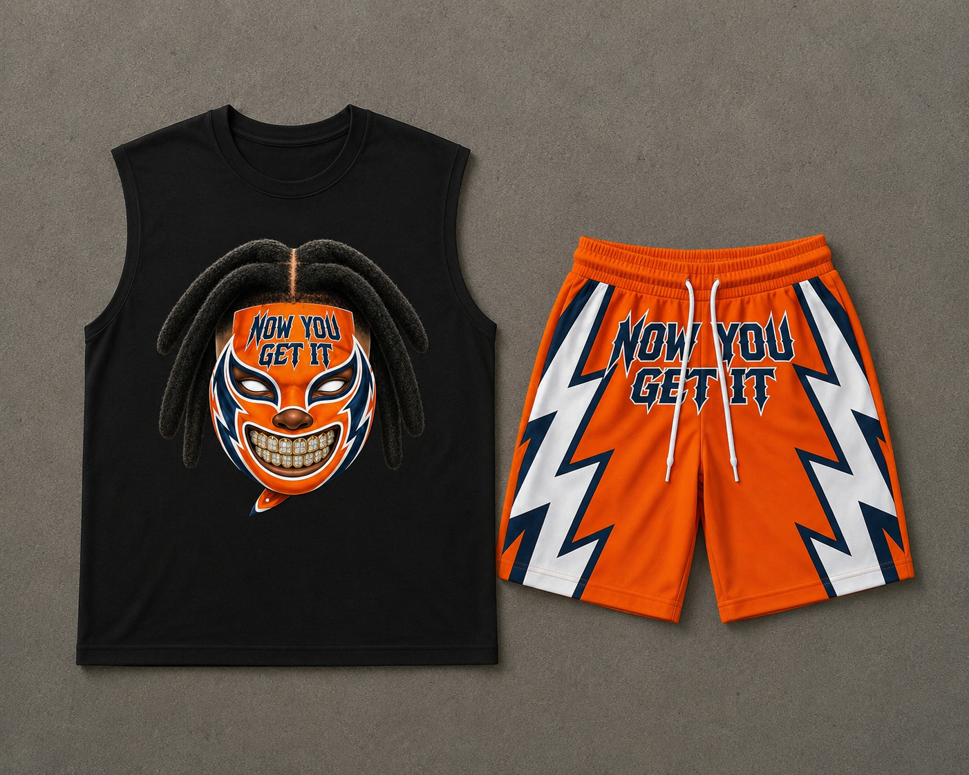 Now You Get It Orange and Blue Sleeveless “STATIK” Shorts Set