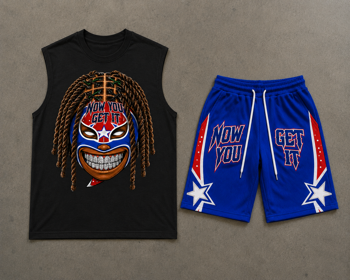 Now You Get It Red and Blue Sleeveless “STARFACE” Shorts Set